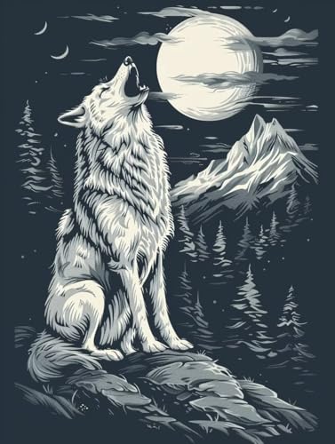 Paint by Numbers Kits Loup : Toile peinture numéro d'art acrylique manuelle DIY lune 90x120