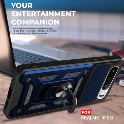 Image of AESTMO Tough Armor Realme 16 5G Bumper Back Case Cover | Ring Holder & Sliding Camera Shield Cover | 360 Degree Protection Back Case Cover for Realme 16 5G (Blue)