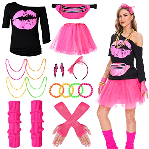 Hereneer 80s Accesorios de Disfraces, Disfraz Años 80 Mujer, Camiseta Collar Pulsera Guantes Calentadores de Pierna para Retro Fiesta Temática de 80 Disfraces Cosplay (Rojo-L) Cover