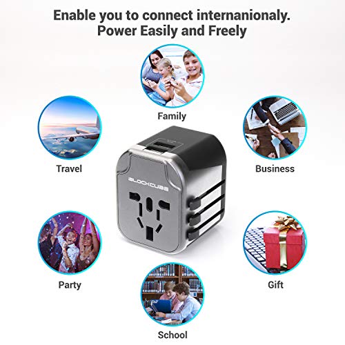 iBlockCube® Weltweiter Reisestecker-Adapter mit 4 USB 5.6 A Ladeanschlüssen, internationale Universal-AC-Buchse, doppelte Sicherung, Chipschutz für USA, UK, EU, AU, Handy, Laptop, Gadget – Weiß