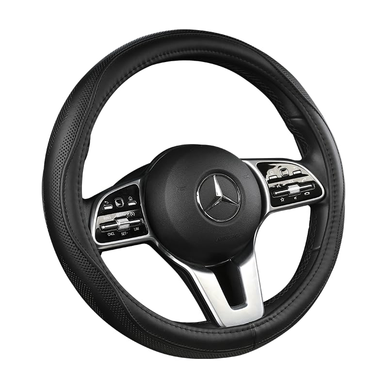 Cowhide Steering Wheel Cover Heat Resistant Anti-Slip Car Wheel Wrap Compatible with Most Makes and Models of Cars and Trucks with 14.5 to 15 Inch Steering Wheel(Black)