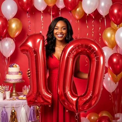 Image of Number Balloons Red Party Balloon - 40 Inch Large Number 10 Balloon, Numbers Balloon Birthday Decorations, Red Party Supplies for Anniversary