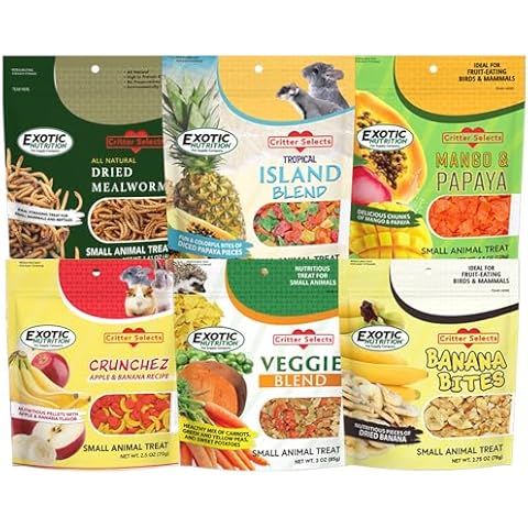Treat Assortment 6 Pack - Pet Treat with Mix of Dried Fruits, Dried Insects, & Other Crunchies - For Sugar Gliders, Hedgehogs, Squirrels, Rabbits, Marmosets, Rats, Hamsters - Sample Variety Cover