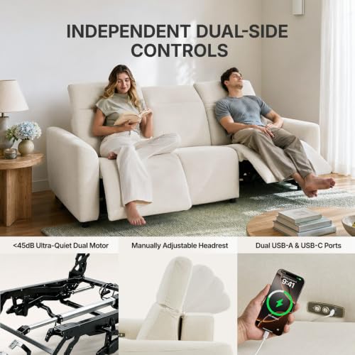 Image of Marsail 95 inch Power Recliner Sofa, Zero Gravity Reclining Sofa with Charging Ports, Adjustable Headrest, 3-Seater Modern Zero Wall Hugger Reclining Couches for Living Room, Pet-Friendly Fabric, Beige