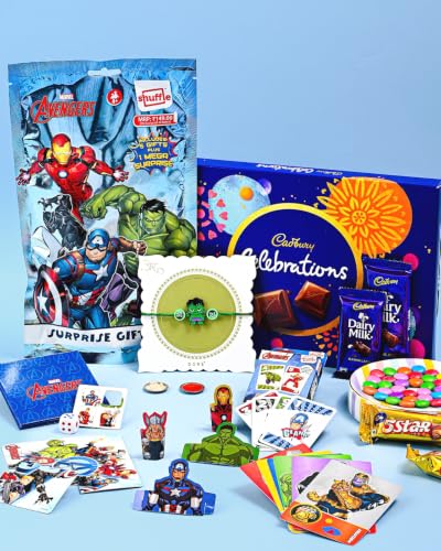 Image of HyperFoods Avengers Rakhi Gift Hamper For Kids Hulk Rakhi & Chocolate Combo Kids Rakhis For Brother With Gifts Set