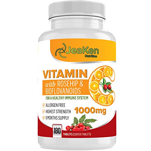VITAMIN C HOCHDOSIERT 1000 MG - 180(6-Monats-Vorrat) Vegane Tablets aus Reines Vitamin C Pulver Hochdosiert - Angereichert mit Hagebutten und Bioflavonoide Ohne unerwünschte Zusätze Laborgeprüft Cover