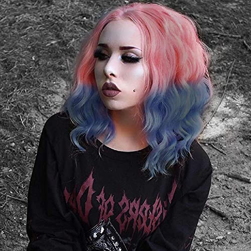 Stamped Glorious Wavy Short Wig Middle Part Shoulder Length Short Wavy Bob Wigs for Women Synthetic Natural Looking Heat Resistant Fiber Hair (pink blue)