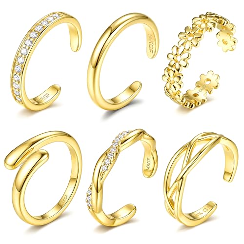 ADRAMARA 6PCS Bagues d’Orteil Femme, Bague de Pied Plaqué Or 14K, Bagues Ouvertes Ajustables avec Zircone CZ, Bijoux de Pied Non Ternissant pour Été Plage...