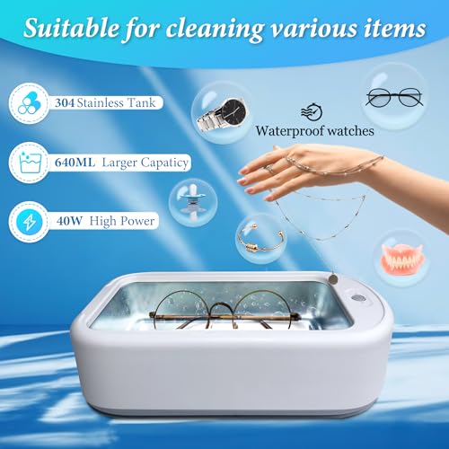 Ultrasonic Jewelry Cleaner: 40W 22oz (640ml) Capacity, 48KHz. Ultrasonic Jewelry Cleaner Machine with 2 time Modes for Glasses, Watches, Makeup Brushes, Retainer and dentures. White-Grey Design.
