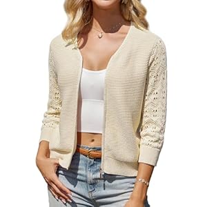 GRACE KARIN Women’s Elegant V-Neck Short Cardigan Lace Patchwork 3/4 Sleeve Zip-up Knitwear