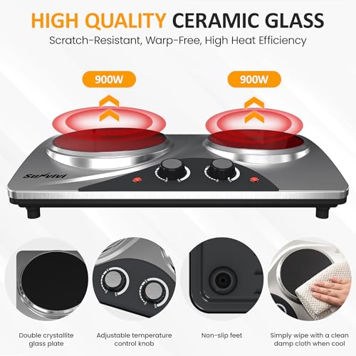 Image of Sunvivi 1800W Dual Burner Portable Electric Ceramic Stove - Knob Control, Indicator Light, Compatible with All Cookware, Ideal for Multiple Cooking Scenarios, Silver