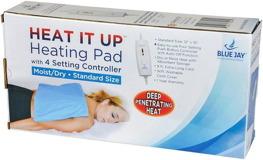 Blue Jay Heating Pad for Back Pain and Cramps Relief | Heat Pad with Moist & Dry Heat Therapy Options | Auto Shut Off - 4 Setting Control | Pain Relievers - 12x15