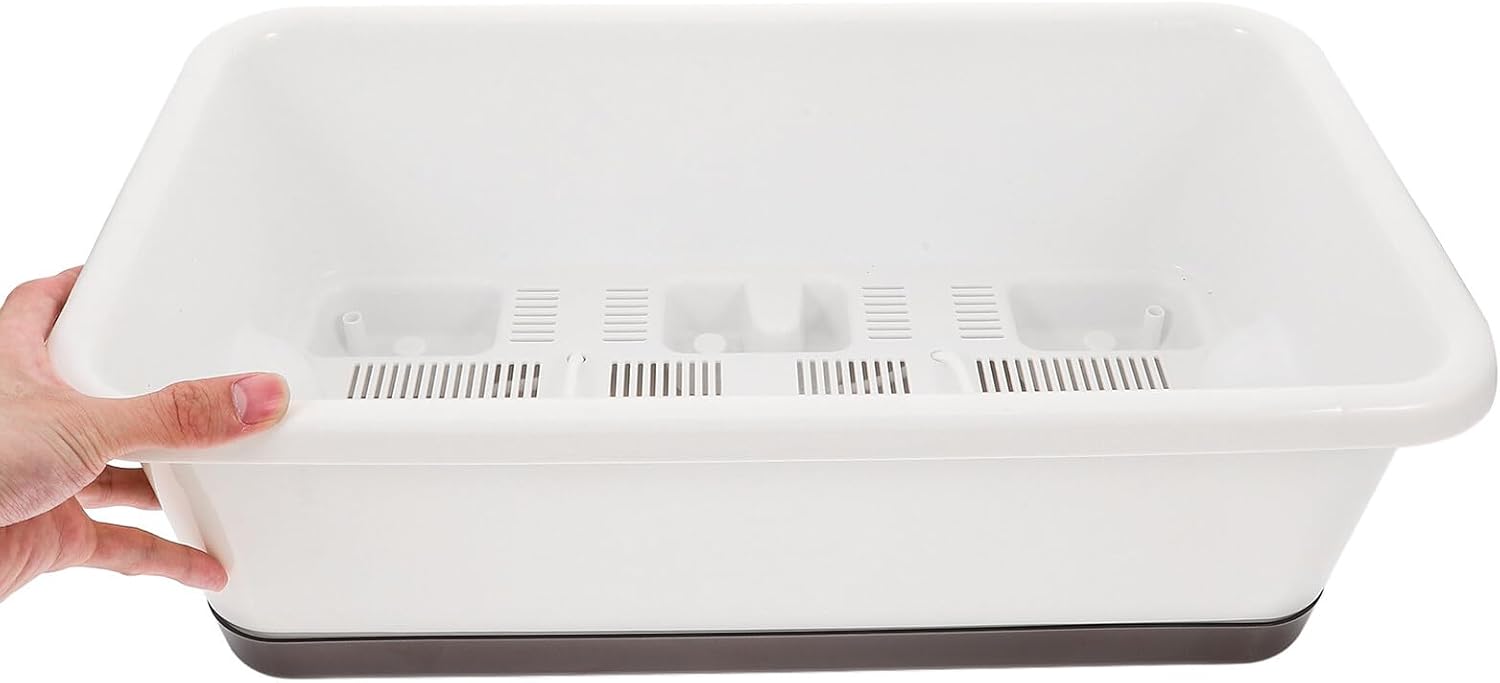 TEHAUX 2pcs Rectangular Window Boxes Planters with Tray, White Plastic Vegetable and Flower Pots for Balcony and Indoor Gardening, Wide Low Profile Design for Home Garden Growing