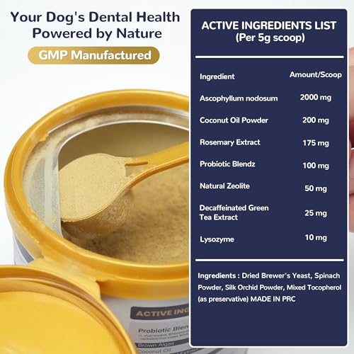 Image of IMMHABI Dogs Teeth Cleaning Powder 10.56oz（300g）, Dental Powder Dog Breath Freshener Powder Plaque Off Tartar Remover Natural Bad Breath for Dogs with Herbal Blend Probiotics, 60 Scoops