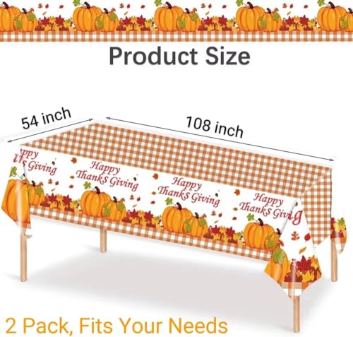 2 Pack Happy Thanksgiving Tablecloth, Fall Pumpkin Maple Leaves Plastic Table Cloth Autumn Disposable Rectangle Plaid Table Cover for Thanksgiving Day Tables Decor Party Decorations, 54x108 Inch - image 2