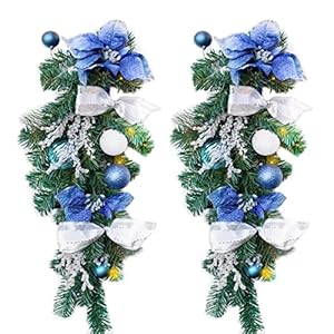 Barton 2X 28 Christmas Teardrop Swag Wreath Ornaments Pre-Lit White LED Garland Battery Powered Front Door Winter Holiday Artificial