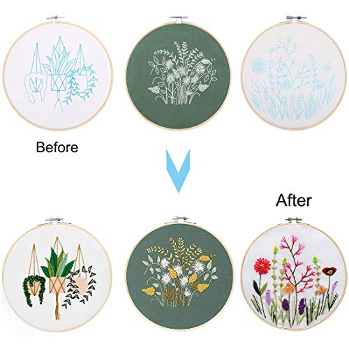 JUSHOOR 3 Sets Embroidery Starter Kit with Patterns, Full Range of Cross Stitch Kit Supplies for Beginners Adults Kids(Bamboo Hoop+Cloth+Tools)