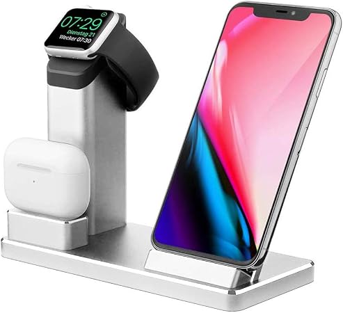 iMoebel 3-in-1 Wireless Ladeständer Aluminium Ladegerät, Qi 15W Kabellos  Ladestation Schnellladedock für Apple Watch, AirPods Pro, iPhone 11 Pro Max  XR XS 8 Plus und Samsung Galaxy Note Silber: Amazon.de: Elektronik \u0026