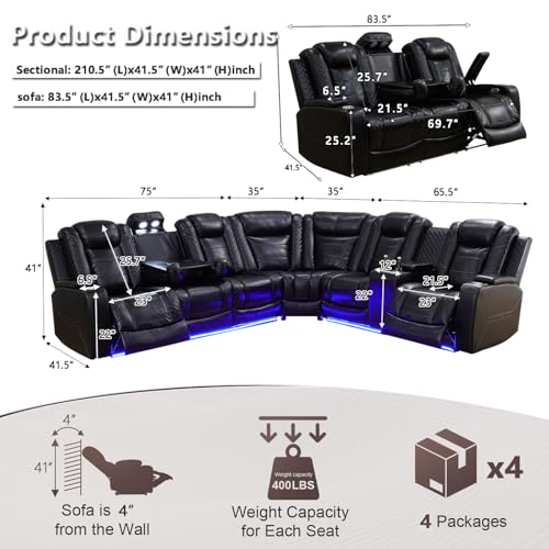 Image of Power Recliner Sectional Sofa Couches with LED Lights for Living Room, Black Leather Wall Hugger Reclining Corner Couch Sets with 4 Home Theater Seat, USB Port, Cup Holder, Storage Console