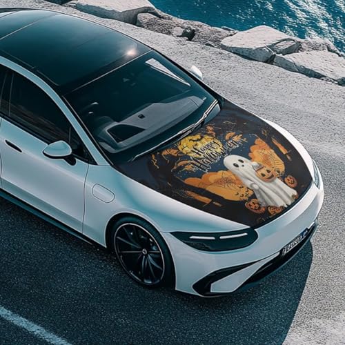 Image of Halloween Design Car Hood Cover Protector 59x39 Inch Stretchable Auto Hood Wraps Waterproof Automotive Exterior Accessories for Most SUV Sedans Trucks