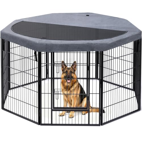 Image of PETIME Dog Playpen,Metal Exercise Puppy Pen Heavy Duty Kennels Yard Fence Indoor /Outdoor 30 inch W x 40 inch H 8 Panels Dog Cage with Octagon Top Cover and Bottom Pad