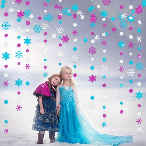 Image of 52 Ft Snowflakes Party Decorations Silver Purple Blue Glitter Paper Snowflakes Garland Streamer for Winter Wonderland Christmas Holiday Frozen Birthday Wedding Baby Shower Bridal Shower Party Supplies