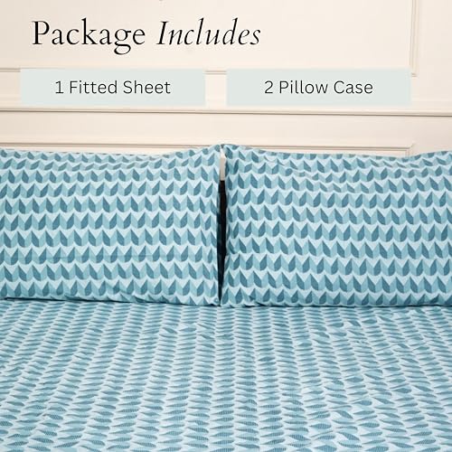 Image of Amazon Brand - Umi Cotton Fitted Bedsheet, Queen Size 78x60 Inches, Elastic Fit Bed Sheet, 10 Inch Deep Pocket, Soft Breathable Bedding, Durable Easy Care, with Pillow Cover-Coastal Crest