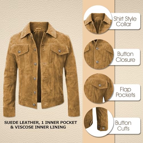 LP-FACON Mens Trucker Suede Leather Jacket - Western Style Cowboy Leather Jacket Brown/Black2