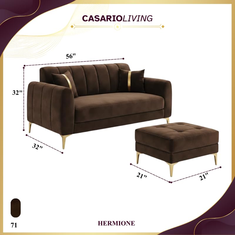 Image of Hermione Luxe Velvet-Suede Fabric 2 Seater Sofa Set with Ottoman | Golden Legs | Comfortable Seating | Modern Sofa for Living Room - Dark Brown