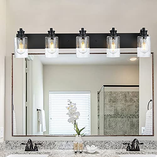 Image of 5-Light Bathroom Light Fixtures, 37 inch Black Bathroom Vanity Light with Seedy Glass Shades, Farmhouse Wall Sconces Lighting for Mirror, Hallway, Bedroom, Living Room