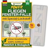 GREEN GUARDIA Fliegen Fenster-Falle mit Spezial-Lockstoff - 9X Fallen - umweltfreundlich Fliegen bekämpfen, Chemiefreie Falle mit starker Klebefläche, giftfrei & geruchsneutral