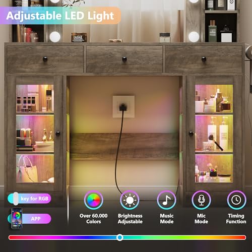 Image of Grey Vanity Desk with Mirror and Lights, Glass Top Vanity with Lighted Mirror & RGB Glass Cabinet and 3 Drawers, Farmhouse Makeup Vanity Desk with Lights Dressing Table for Bedroom, 3 Color Modes