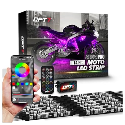 OPT7 Aura Pro Motorcycle LED Light Kit Smart Brake, RGB Multi-Color Bike Underglow Neon Light Bluetooth APP, Motorcycle Under Glow Strips Switch for Cruisers, 14pc, IP67 Waterproof 12V, iOS Android
