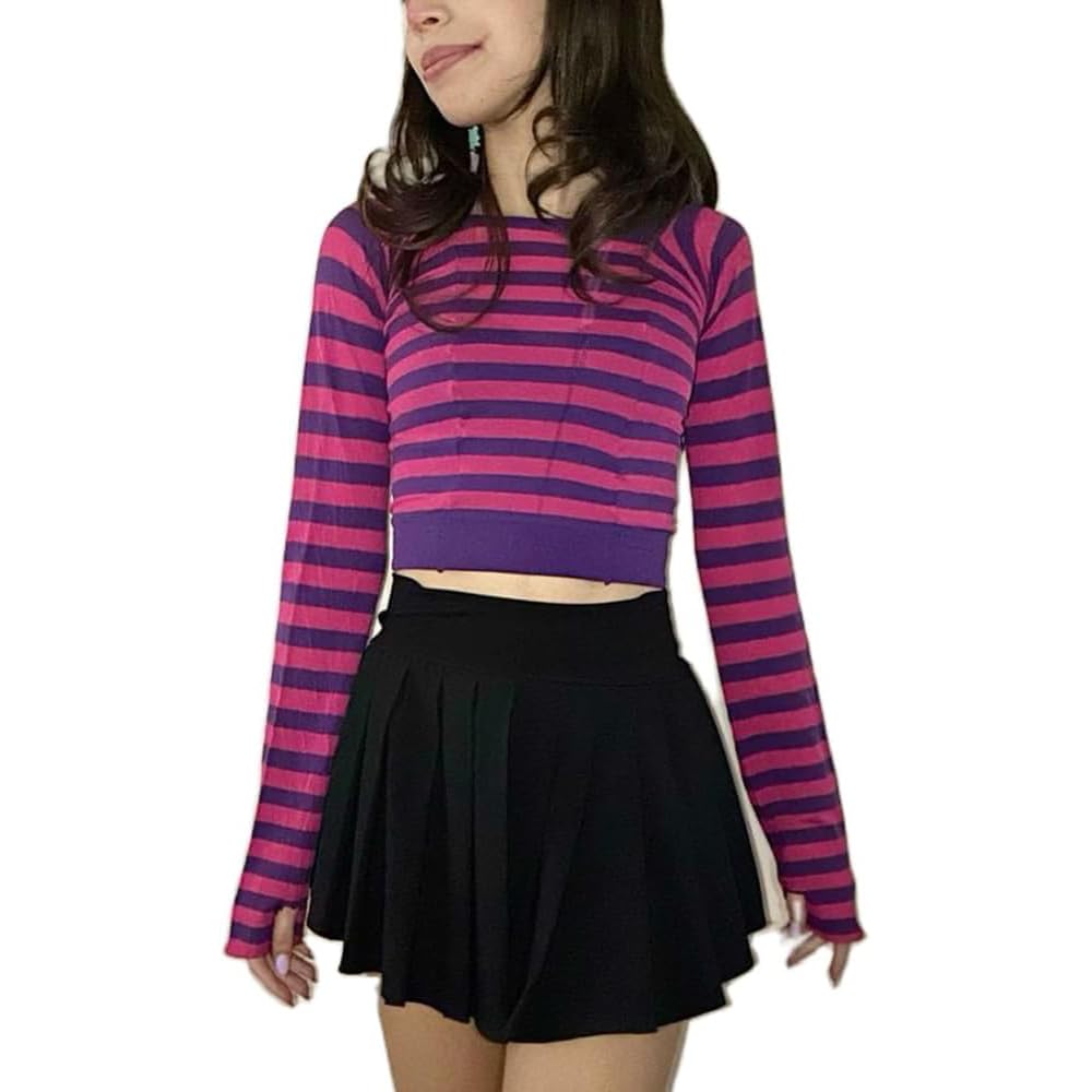 Striped Long Sleeve Shirt for Women Y2k Color Block Crewneck Vintage Crop Top E Girl Baggy Fairy Grunge Aesthetic Tees