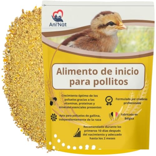 AniNat Alimento de Inicio para Pollitos, Comida de Primera Edad con vitaminas, proteínas y minerales, aceites Esenciales. Apto Desde el Nacimiento. Sin OGM. Sin antibióticos