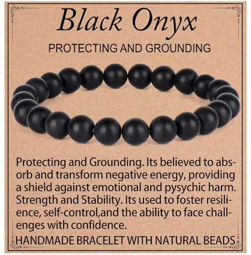 QOGIR Matte Black Onyx Bracelet - Protecting and Grounding Bracelet for Men Women - Handmade Natural Gem Stone Beaded Stretch Elastic Healing Bracelets 8mm