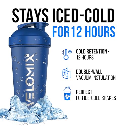 Image of VELOMIX 24 oz Stainless Steel Shaker Bottle with Wire Whisk - Leakproof, No Clumps, Odor Resistant Metal Shaker Bottle, Insulated Shaker Cups for Protein Shakes, Pre Workout and Smoothie(Blue)