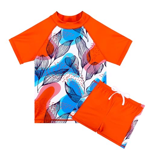 HUAANIUE Traje de baño de 2 piezas para niñas de 3 a 11 años, traje de baño de manga corta, traje de baño de verano para la playa, traje de sol, Traje de baño 15 Orangeleaves, 9-10 años
