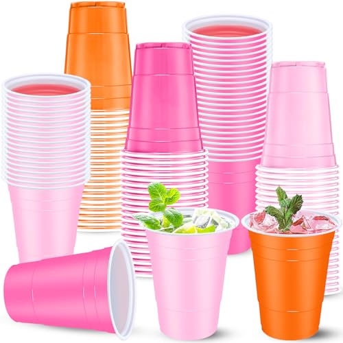 Jingmore 90 Pcs Pink Orange Party Cups 16oz Disposable Plastic Cups