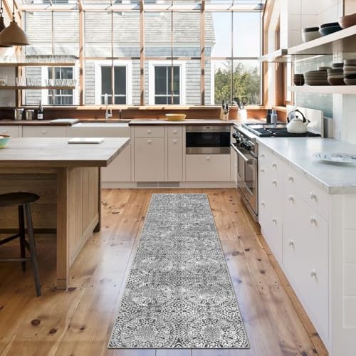 vivorug Runner Rug 2'x8' Machine Washable Non-Slip Runners for Hallways Kitchen Entryway Laundry Room Vintage Medallion Carpet Hallway Runner Grey