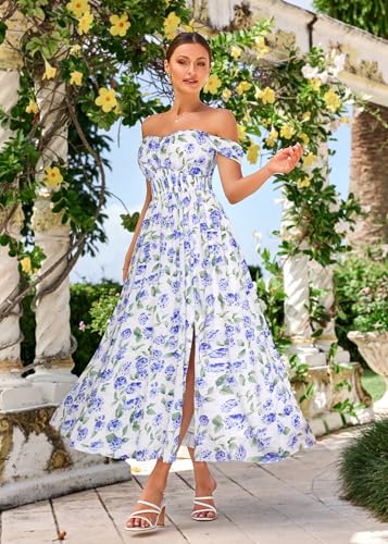 Image of GRACE KARIN 2026 Women's Summer Floral Wedding Guest Dress,Beach Flowy A Line Maxi Off Shoulder Bridesmaid Dresses