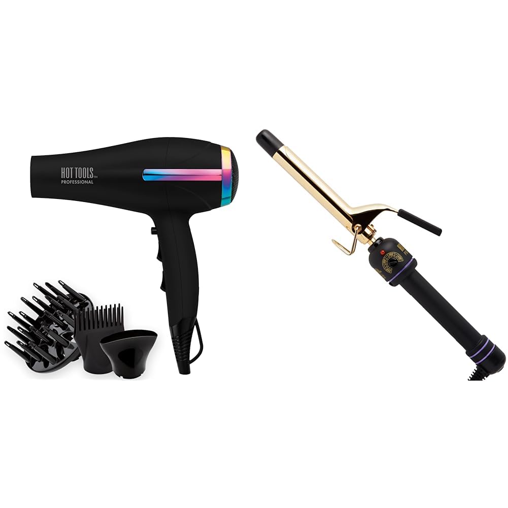 Hot Tools Professional Rainbow Turbo Ceramic Hair Dryer | 1875W Powerful and Quiet Blowouts & Pro Artist 24K Gold Curling Iron | Long Lasting, Defined Curls (3/4 in)