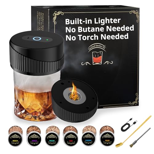 Electric Whiskey Smoker Kit with 6 Wood Chips, Smoker for Old Fashioned Cocktails Built in Electric Lighter, No Butane Needed, Cocktail Smoker Kit Gifts for Cocktail Lovers Friends Birthday