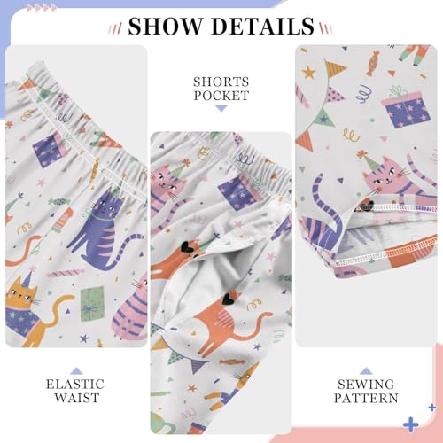 Cat with Party Hat Boys Long Pants Soft Trousers Elastic Waist Kids Lounge Bottoms with Pockets S-XL4
