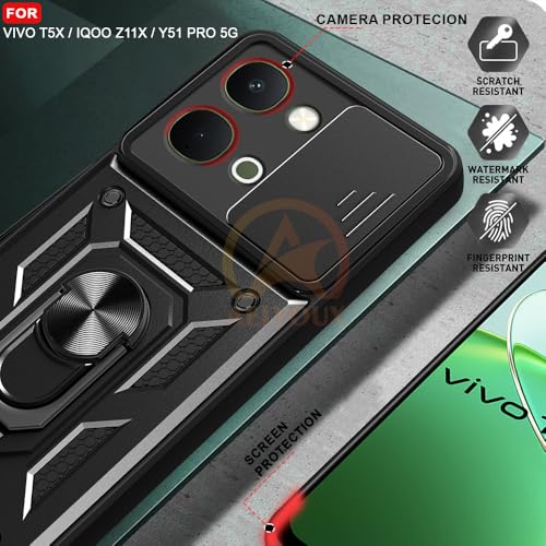 Image of Armor Bumper Back Cover Case for iQOO Z11X / Vivo T5X / Vivo Y51 Pro 5G | Rotating Camera Cover, Ring Holder & Kickstand | Heavy Duty & 360 Degree Protection Back Cover (Black)