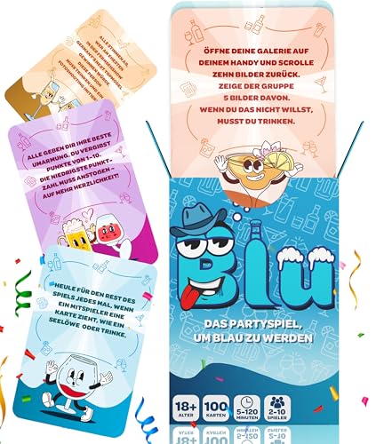 Blu PARTYSPIEL | Das spannendste Trinkspiel Partyspiel Saufspiel | Gesellschaftsspiele für Erwachsene Kartenspiel Spieleabend Party Feier Wahrheit oder Pflicht | 100 Karten | Junggesellenabschied