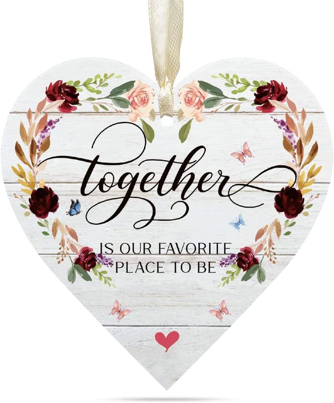 Targa In Legno A Cuore "Together Is My Favourite Place To Be" - 10x9 Cm Con Design Albero E Spago Rustico - 2