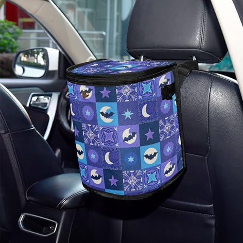 Image of MNSRUU Car Trash Can with Lid, Bats Moon Snowflakes Vintage Car Trash Bag Hanging Organizers and Storage for Front Back Seat, Leak-Proof Trash Bin