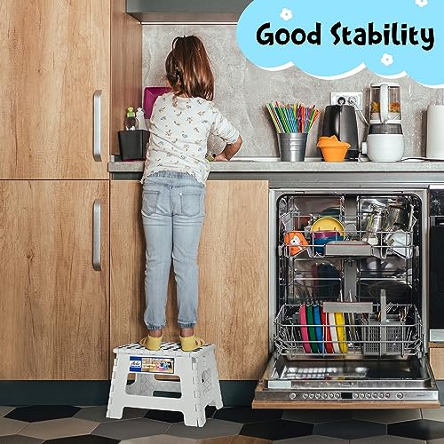 Image of ACKO Folding Step Stool 9 Inch 300 lb Capacity, Plastic Foldable Step Stools for Kids and Adults, Folding Stools Suitable for Kitchen, Stepping Stool with Handle White 1PC