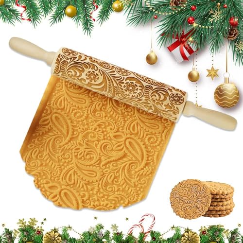 Udbrud Rodillo de Amasar, Navidad Rodillo Amasar con Dibujos Tallada en Relieve Rodillo con patrón de copo de nieve Rodillo de Amasar en Relieve para Navidad para Hornear Galletas Pasta Repostería